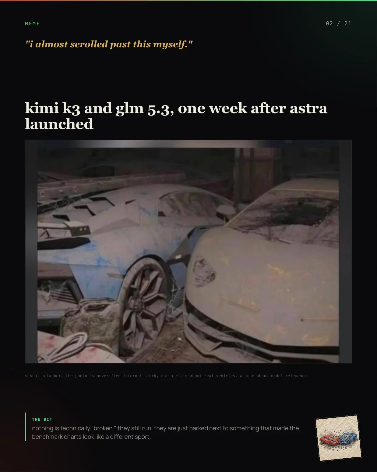 Page 2 of tech+misc larp issue 01: Kimi K3 and GLM 5.3, one week after Astra launched
