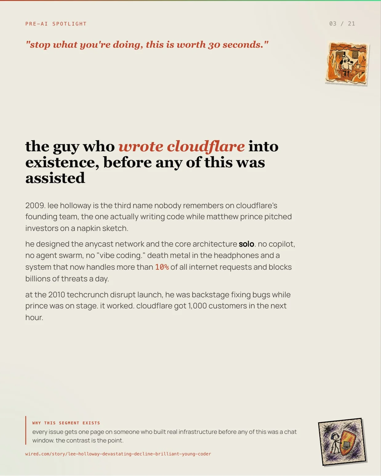 Page 3 of tech+misc larp issue 01: The guy who wrote Cloudflare into existence