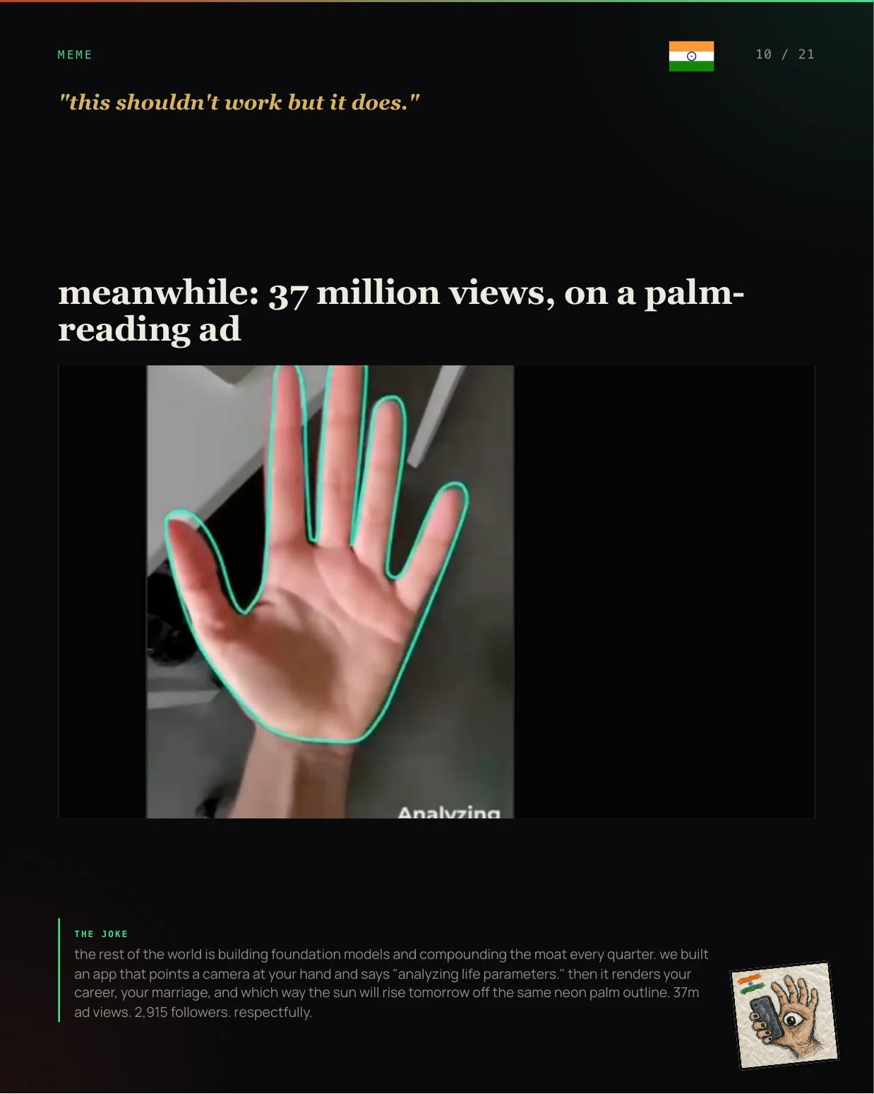 Page 10 of tech+misc larp issue 01: 37 million views on a palm-reading ad