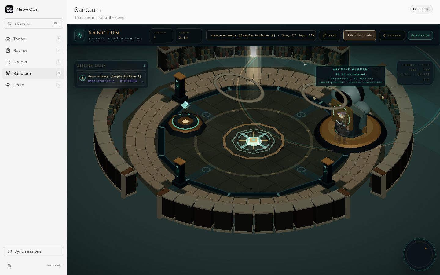 Meow Ops Sanctum early build: a civic archive atrium and session index with the distinct Archive Seal