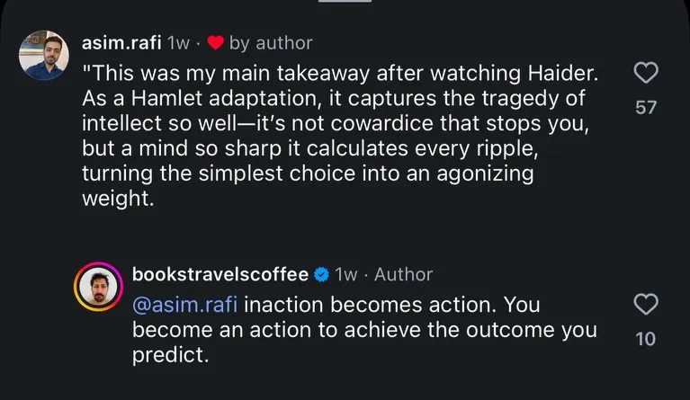 Screenshot of a comment thread reading the film Haider as a Hamlet adaptation