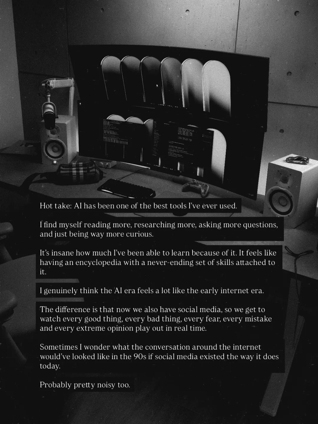 A studio desk with monitors under a long post on why AI is one of the best tools