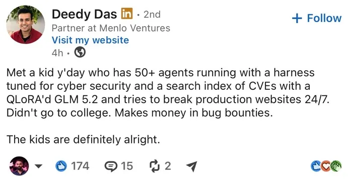Screenshot of a LinkedIn post about a kid running more than fifty agents to find bugs