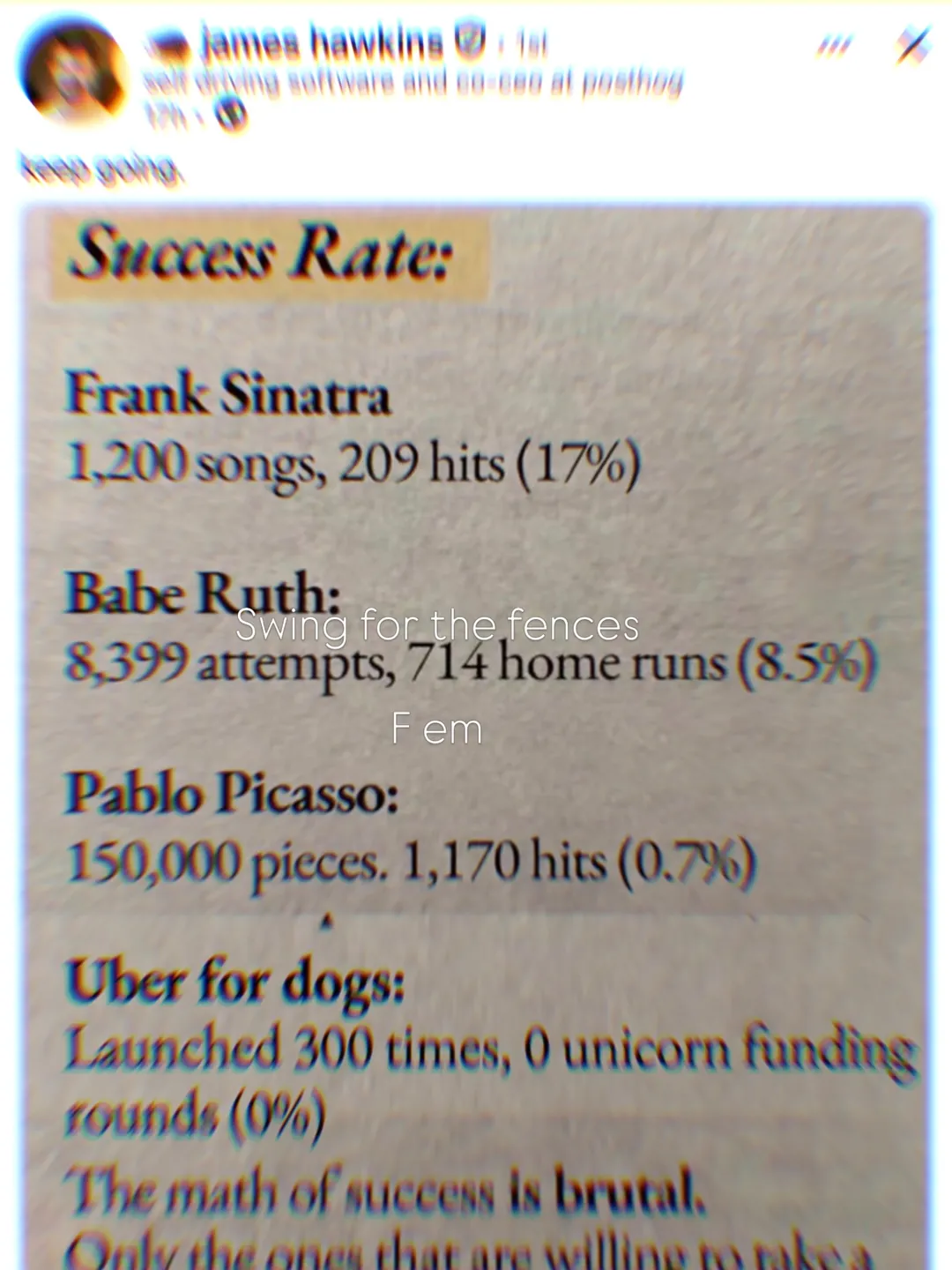 A page on success rates: Sinatra, Babe Ruth, Picasso; swing for the fences